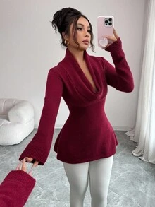 Elenzga 女士秋冬休闲复古套头毛衣，优雅百搭，适合外出、约会、工作、上学、度假等场合 - 酒紅色 - 查看 2