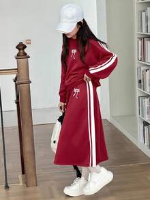 DAZY 女童蝴蝶印花运动衫 + 裙子舒适两件套秋冬 - 紅色 - 查看 1