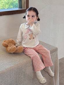 SHEIN Baby Mädchen Säugling Kleinkind Neugeborene 0-3 Jahre süßer Bär & Schleife Muster Langarm-Top + orange karierte weite Hose 2-teiliges Outfit Set, Herbst