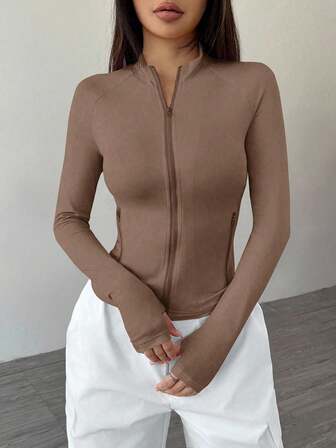 SHEIN PETITE Women's Solid Color Front Zipper Long Sleeve Casual Jacket, Spring/Autumn