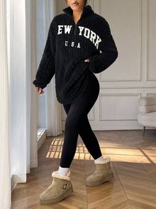 SHEIN EZwear 2 Stücke/Set Lässiger Buchstaben-Muster Reißverschluss Fleece Hoodie und anliegende Yoga Hose, vielseitig in Große Größen, Herbst/Winter - Schwarz - Übersicht 3