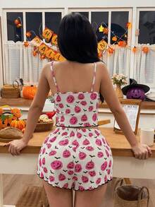 Bộ đồ ngủ hai dây và quần short in hình quả bí ngô và dơi Halloween dành cho nữ - Màu Hồng Tươi - Xem 2