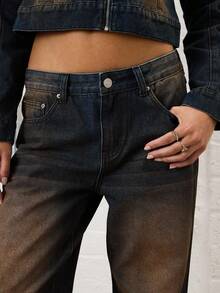 COUREZ Jeans de talle bajo con ajuste regular y delgado en lavado contrastante / Ropa casual de invierno Y2K para mujeres Ropa linda Pantalones de pierna ancha Jeans de talle bajo Pantalones marrones Conjunto casual