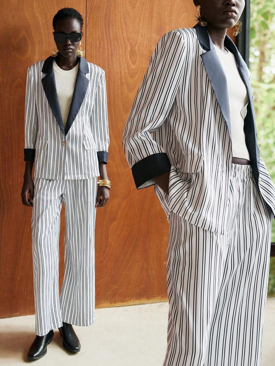 Lumivelle Striped Patchwork Suit Set - Black and White - View 1