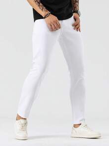 Manfinity Homme Celana Jeans Skinny Pria Kasual Warna Polos dengan Kantong Miring - Putih - View 3