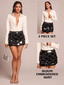 Glamine Damen elegantes Pendler-Outfit aus einfarbiger Bluse und Pailletten-Rock, 2-teiliges Set