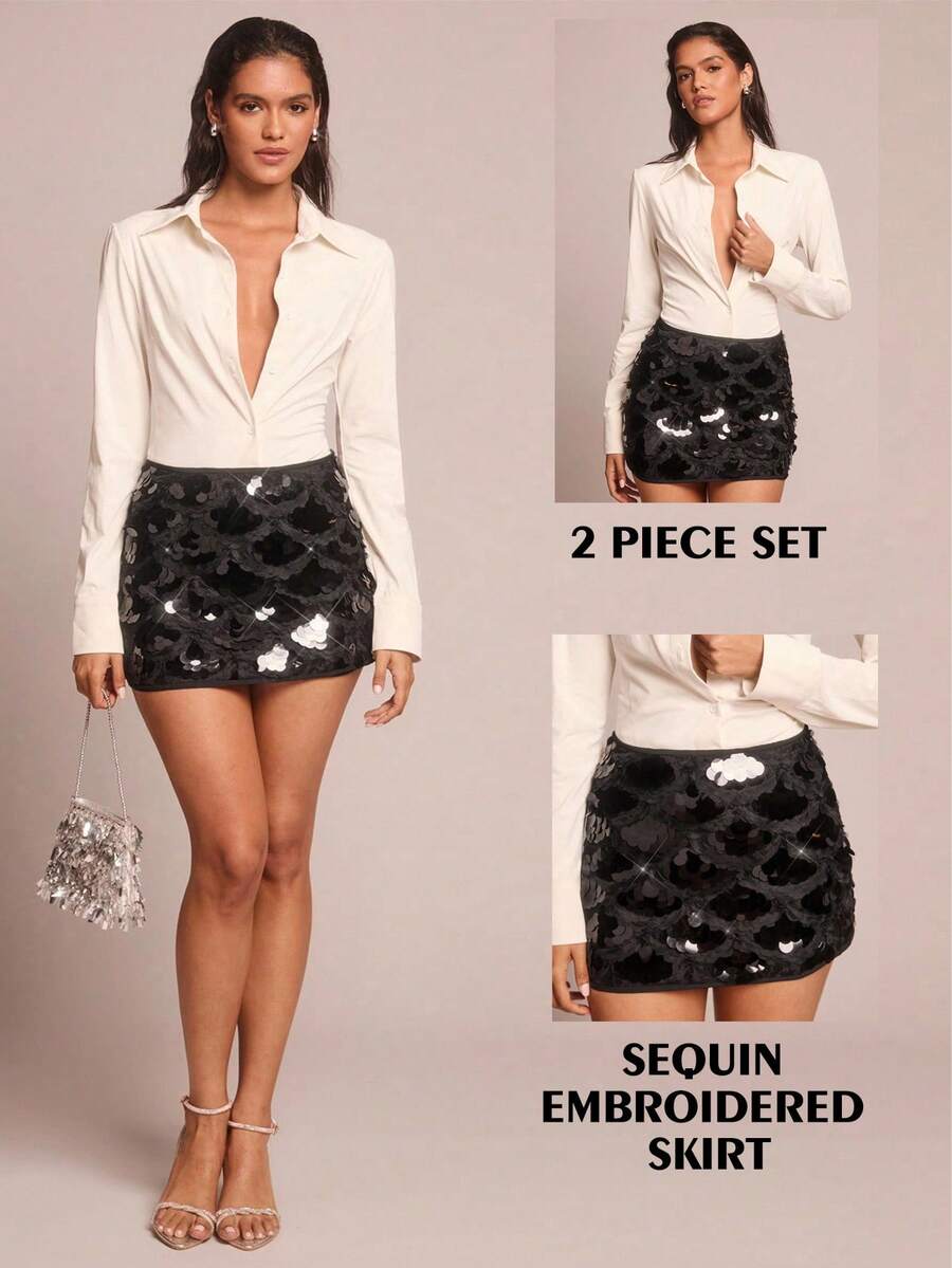 Glamine Damen elegantes Pendler-Outfit aus einfarbiger Bluse und Pailletten-Rock, 2-teiliges Set