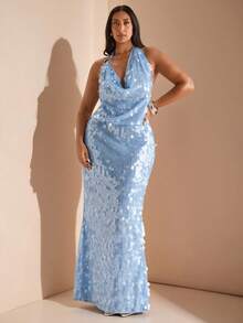 SHEIN BAE 大码春夏蓝色挂脖不对称摆领金属扣装饰露背鱼尾摆海边度假派对亮片长裙，度假连衣裙，蓝色亮片闪光连衣裙 - 藍色 - 查看 6