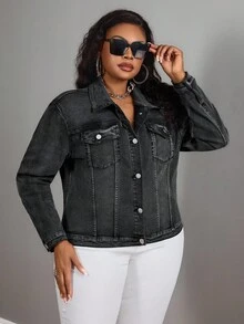 SHEIN SXY Áo khoác denim dài tay màu trơn cỡ lớn dành cho nữ, kiểu dáng thường ngày, thích hợp cho mùa đông. - màu đen - Xem 4