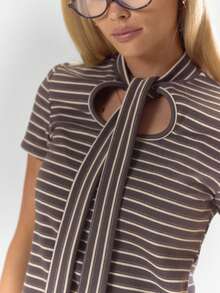 MUSERA Striped Neck Tie Detail Fitted Short Sleeve Top Fall Autumn Cosy Cute Casual Coffee Club Winter  ,Elegant  Holidays, Party - Multicolor - View 6