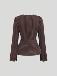 Sweetra 初秋新款韩版西装，棕色条纹设计，V领，收腰，修身时尚女士套装