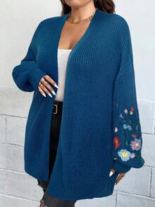 SHEIN LUNE Áo khoác cardigan trễ vai thêu hoa Plus, cho mùa đông - Màu xanh lam - Xem 3