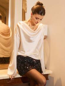 Poéselle Women's Elegant Cream White Satin Blouse,Summer Party Top With Pearl Chain,Draped Cowl Open-Back Silk Look,Backless Loose Versatile Evening Blouse - Apricot - View 3