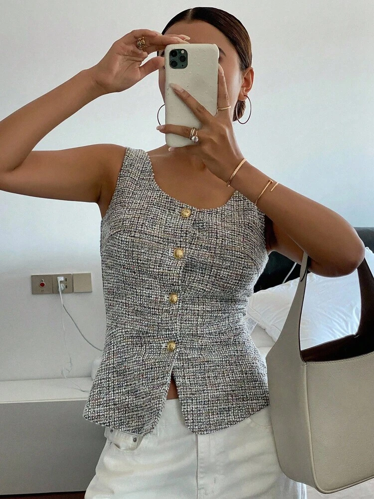 Spring New French Style Square Neck Waist Cinched Sleeveless Top For Women, Slimming Plaid