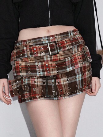 ROMWE Avant Jupe mini taille basse à plusieurs couches, style sportif collégial rétro Y2K pour femmes, avec ceinture cloutée