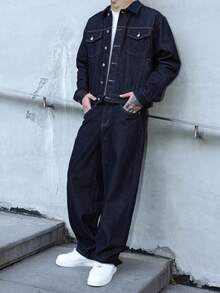 Manfinity EMRG 男士深蓝色牛仔两件套，休闲夹克和宽松长裤，春秋季