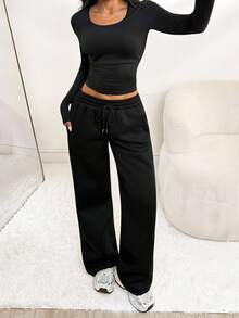 SHEIN PETITE Bộ 2 áo thun dài tay cổ tròn ôm vừa vặn màu trơn và quần dài cho nữ, màu đen, nhỏ nhắn, thu đông - màu đen - Xem 6