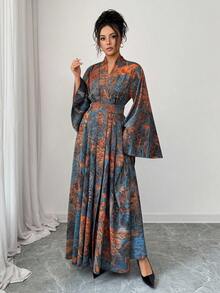 Elenzga Women's Crossed Wrap Flare Sleeve Ruffle Hem Long Allover Print Dress - Multicolor - View 5