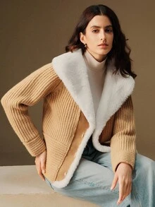 Anewsta 女士厚人造毛领拼布开衫毛衣外套，高端，秋冬 - 卡其色 - 查看 3