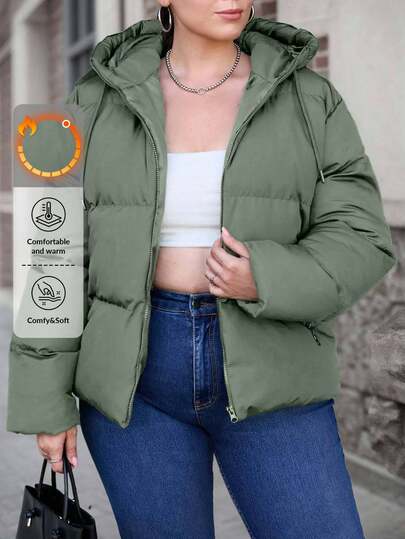 EURMUSE Plus Size Solid Color Minimalist Everyday Zip-Up Hooded Padded Coat