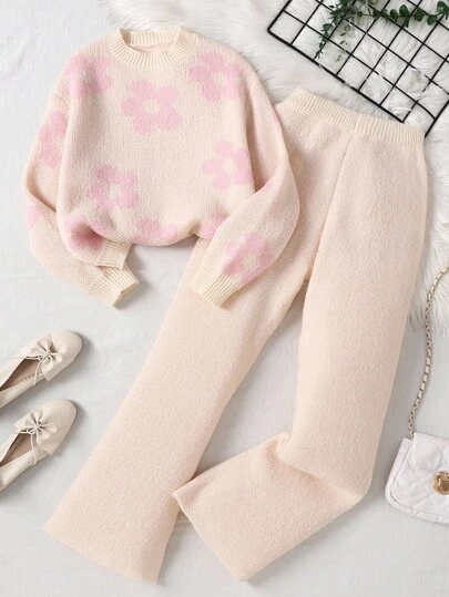 SHEIN Tween Girls Casual Jacquard Loose Pullover Sweater And Flare Pants Set, Suitable For Home And Outdoor, Autumn/Winter Fall