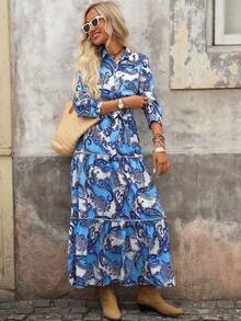 Brillora 女士佩斯利印花分层下摆束带连衣裙，度假风格 - 藍色 - 查看 5