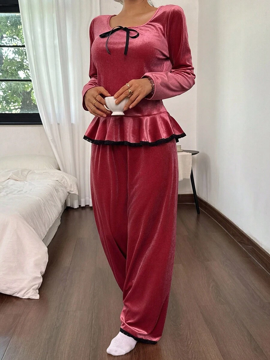 SHEIN Solid Color Velvet Southern French Style Contrast Lace Patchwork Ruffle Trim Long Sleeve Pajama Set For Women, Fall Winter Clothes - Watermelon Pink - View 1