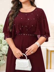 SHEIN Clasi Váy choàng đính đá trang trí thanh lịch cỡ lớn dành cho nữ, mùa hè - Màu Đỏ Sâu - Xem 10