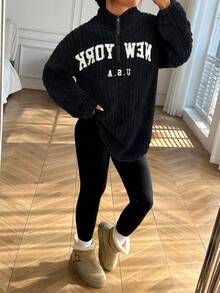 SHEIN EZwear 2 Stücke/Set Lässiger Buchstaben-Muster Reißverschluss Fleece Hoodie und anliegende Yoga Hose, vielseitig in Große Größen, Herbst/Winter - Schwarz - Übersicht 4
