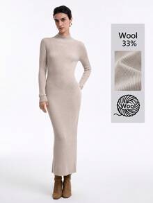 SHEIN X Jwoww Aalyst Vestido de punto de cuello alto de manga larga de mezcla de lana para mujer - Marrón Mocha - Ver 3