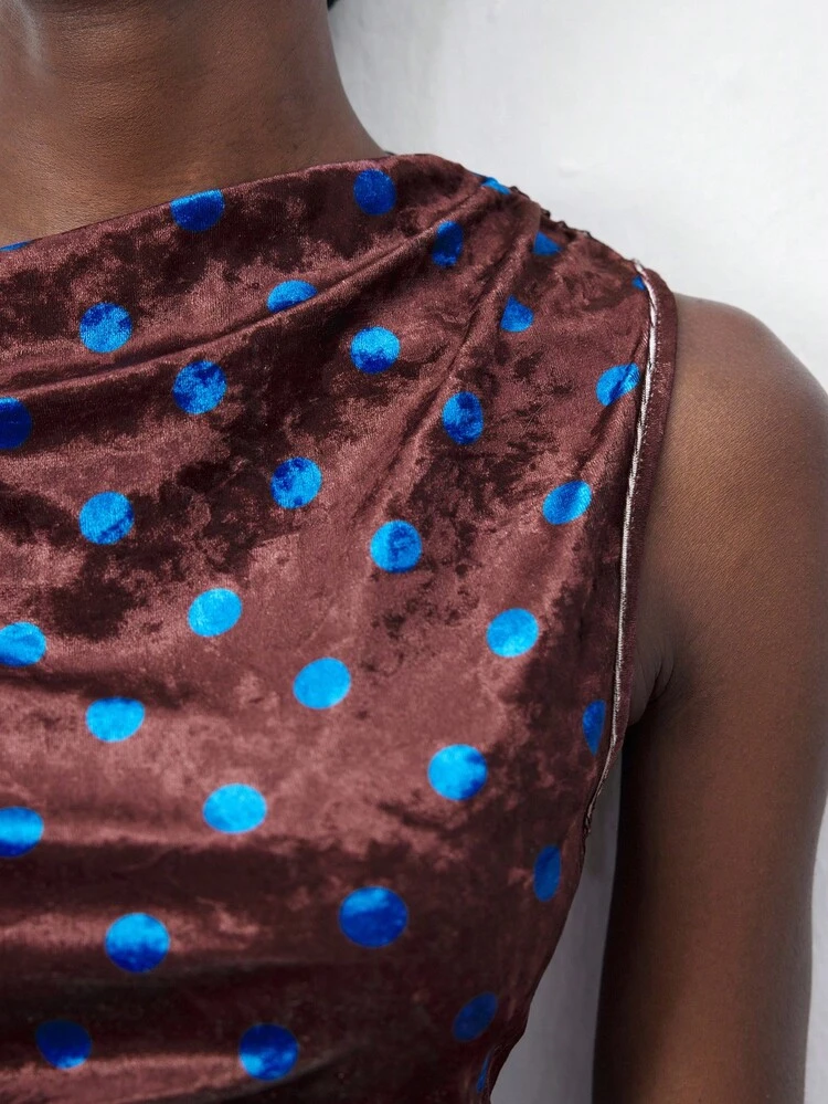 SHEIN Maija Women's Multi-Color Polka Dot Blue Polka Dot Asymmetric Collar Design Ruched Detail Sleeveless Waist Ruched Shaping Business Casual Office Wear Low-Key Vintage Elegant Urban Commuter Top, Suitable For Magazine Editor, Urban Social, Vacation, Party, Versatile Basic Top, Street Fashion Cafe Relaxed Style