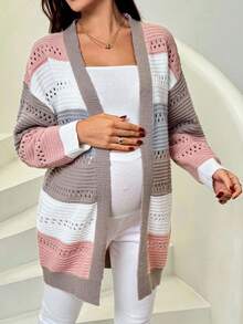 SHEIN Maternity Striped Contrast Color Loose Mesh Casual Cardigan - Multicolor - View 6