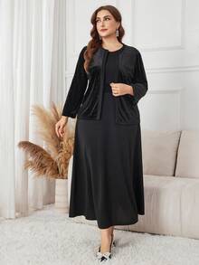 Lacomfia 大码女式闪亮优雅两件套连衣裙 - 黑色 - 查看 3