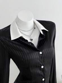 Elamini 1 pezzo Camicia casual a maniche lunghe da donna con bottoni davanti, a righe colorate e texture, adatta per l'uso quotidiano, autunno/inverno - nero - Visualizzare 5