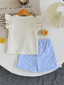 冬季服装、冬季套装、女婴冬季服装、秋季服装、万圣节、万圣节服装、圣诞节服装、女婴碎花圆领短袖T恤短裤可爱套装 - 淺藍色 - 查看 2