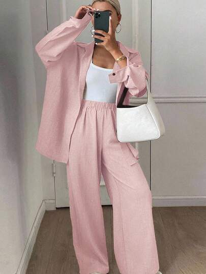 Livesso 西部风沙滩度假纯色仿牛仔亚麻宽松休闲两件套女装，春秋/冬季女士家居服套装