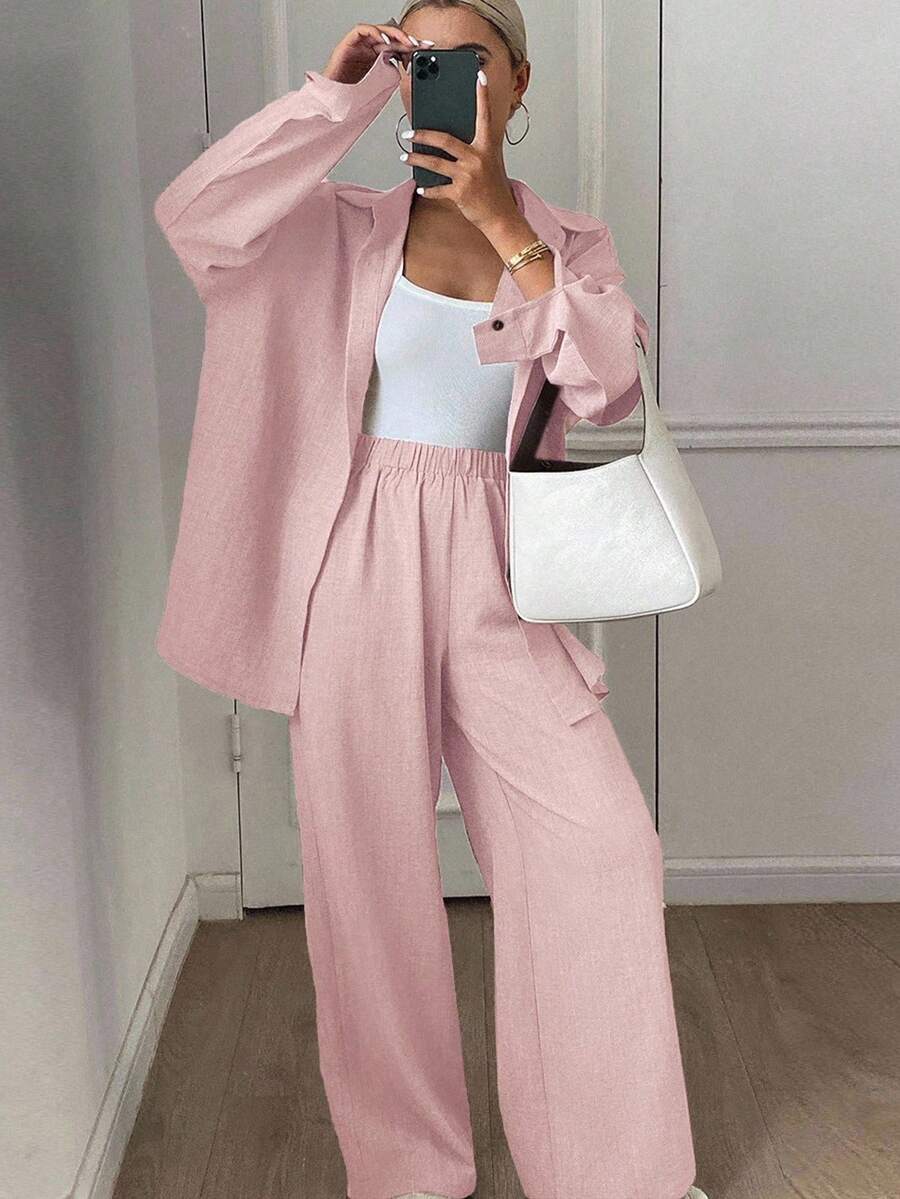 Livesso 西部风沙滩度假纯色仿牛仔亚麻宽松休闲两件套女装，春秋/冬季女士家居服套装 - 粉色 - 查看 1