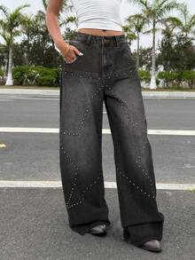 Muchica Quần jean ống rộng thường ngày cho nữ có đính đinh tán hình sao - Rửa trung bình - Xem 6