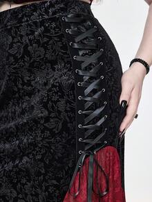 ROMWE EDITION Plus Size Gothic Elegant Velvet Embossed Damask Lace Patchwork Mermaid Skirt - Black - View 4