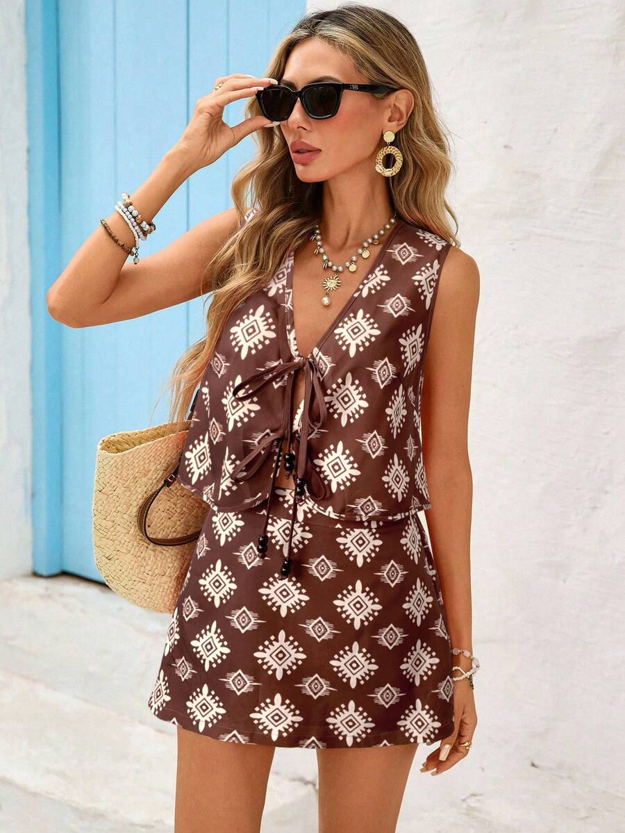 Vivid Eden 女式复古风格印花无袖上衣和短裤两件套 - 棕色 - 查看 1