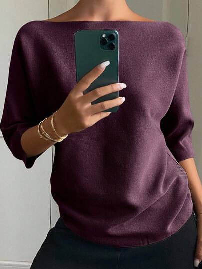 DAZY Women's Solid Color Fitted Boat Neck Half Sleeve Casual Elegant Knit Top, Autumn/Winter