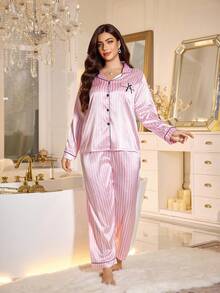 条纹印花撞色滚边缎面睡衣套装/家居服套装，秋冬舒适优雅细节