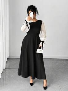 Elenzga Christmas Plus Size Color Block Lace-Up Midi Dress, Suitable For Daily Commute, Party And Other Occasions - Embrace Your Inner Shadow Dark Feminine Fashion