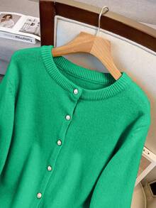 SHEIN LUNE Women's Round Neck Single-Breasted Casual Elegant Plus Size Long Sleeve Cardigan Winter - Green - View 5