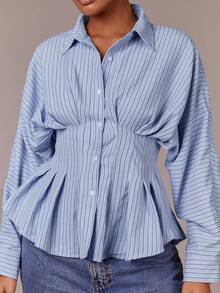 Athîral Women's Sky Blue Striped Peplum Blouse | Structured Waist Ruffle & Tailored Collar For A Flattering Office-Ready Look,Peplum Blouse ,Office Wear,Striped Blouse,Workwear Style,Structured Shirt,Professional Wardrobe,Business Casual Woman,Wardrobe Basic,Casual Everyday Wear - Blue - View 3