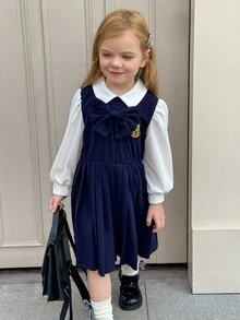 SHEIN Playful Pals Gaun Lengan Panjang 2-in-1 Warna Biru Tua Gaya Sekolah untuk Anak Perempuan, Gaun Lengan Mengembang dengan Pita Warna Kontras untuk Hari Karier Musim Gugur, Cocok untuk Kembali ke Sekolah, Acara Karier, dan Hari Karier. - Navy Blue - View 7