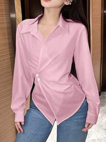 SHEIN LUNE 女士纯色不对称下摆交叉裹身优雅长袖女式衬衫 - 粉色 - 查看 5