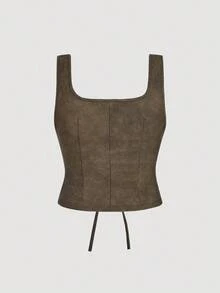 SHEIN MOD Áo tank top nữ cỡ lớn màu nâu sô cô la kiểu vintage, có khuy cài và dây buộc, thích hợp mặc hàng ngày, mùa thu/đông, phong cách miền Tây, đi xem hòa nhạc, công sở, đi làm, kiểu áo bạc màu, thích hợp cho năm mới, lễ tình nhân. - Màu nâu Sô-cô-la - Xem 2