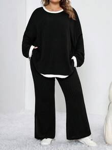 SHEIN CURVE+ Bộ 2 chiếc/Bộ áo thun cổ tròn tay dài phối viền màu tương phản cỡ lớn kèm quần dài ống xẻ tà, quần áo mùa đông cho nữ - màu đen - Xem 5