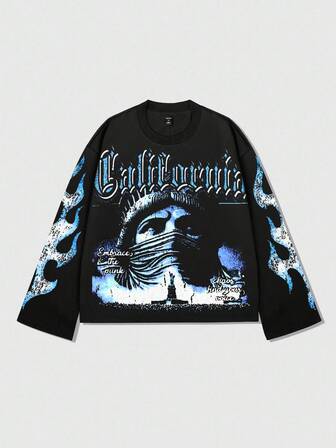Street Life Surdimensionné Long T-Shirt Avec Motif Flamme œil & Strass Rond, Streetwear Gothique Pour Porter Au Quotidien, Automne